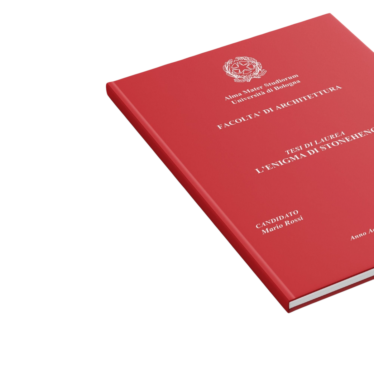 Tesi di laurea rilegata in rosso con stampa bianca, servizio professionale FotoGrafica per stampa e rilegatura tesi.