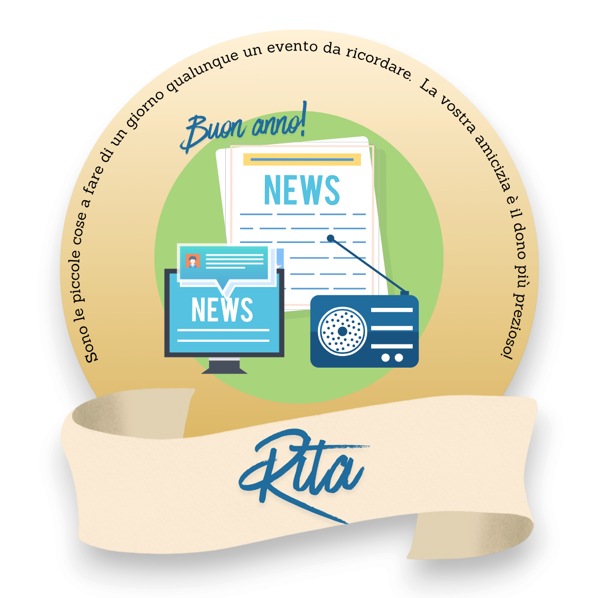 Segnaposto personalizzato FotoGrafica con grafica a tema news, radio e computer su sfondo circolare colorato