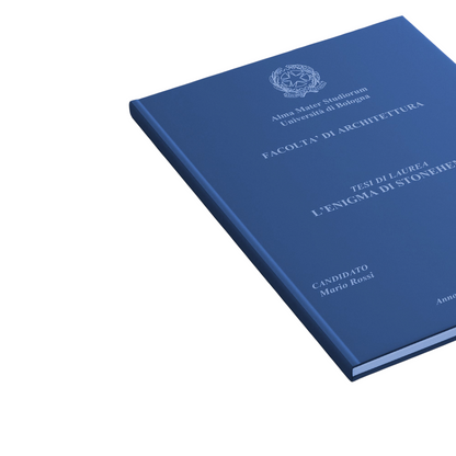 Tesi di laurea rilegata in blu con stampa professionale, servizio FotoGrafica per stampa e rilegatura tesi online.