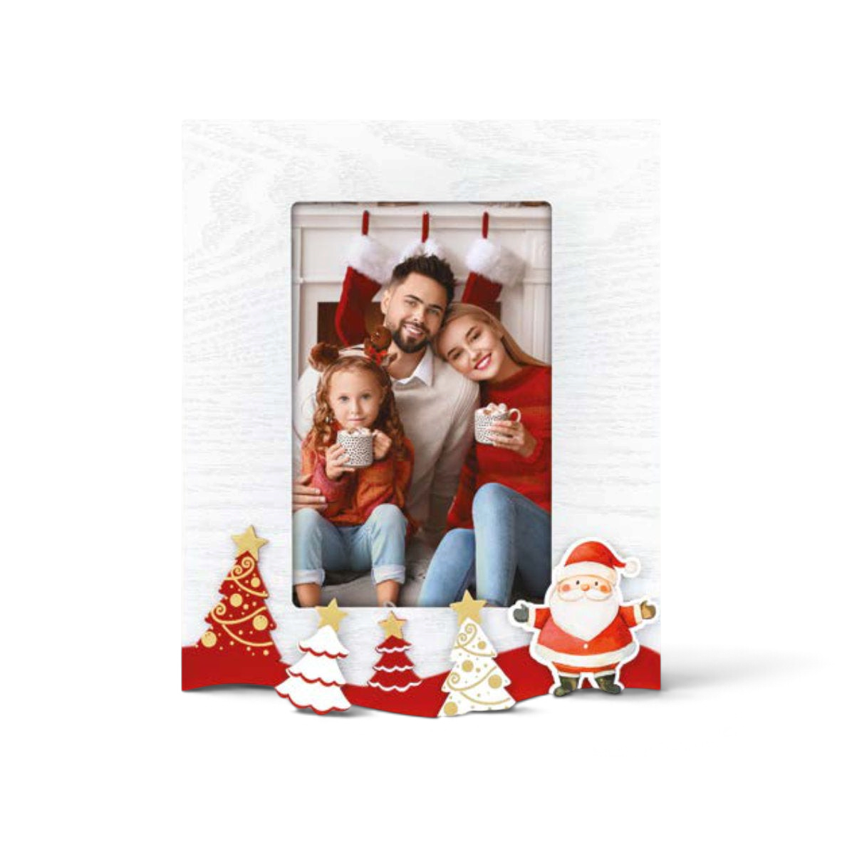 Cornice natalizia da tavolo FotoGrafica Falcade in legno bianco con decorazioni di Babbo Natale e alberi per foto 10x15