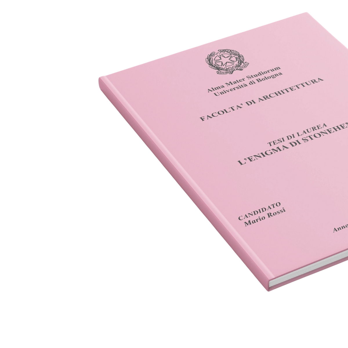 Tesi di laurea rilegata con copertina rosa personalizzata dal servizio FotoGrafica su sfondo coordinato