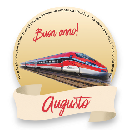 Segnaposto personalizzato FotoGrafica rotondo con treno Frecciarossa e scritta Buon anno e nome Augusto