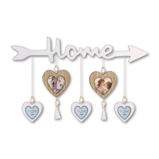 Cornice Multifoto da Tavolo Legno Bianco con Cuori - Multiframe Shabby Chic, Regalo Famiglia