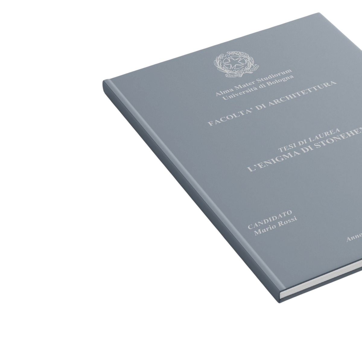 Tesi di laurea rilegata in grigio con stampa argento personalizzata dal servizio FotoGrafica