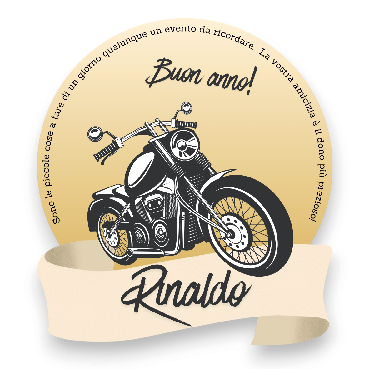 Segnaposto personalizzato FotoGrafica rotondo con grafica moto vintage e scritta Buon anno e nome Rinaldo