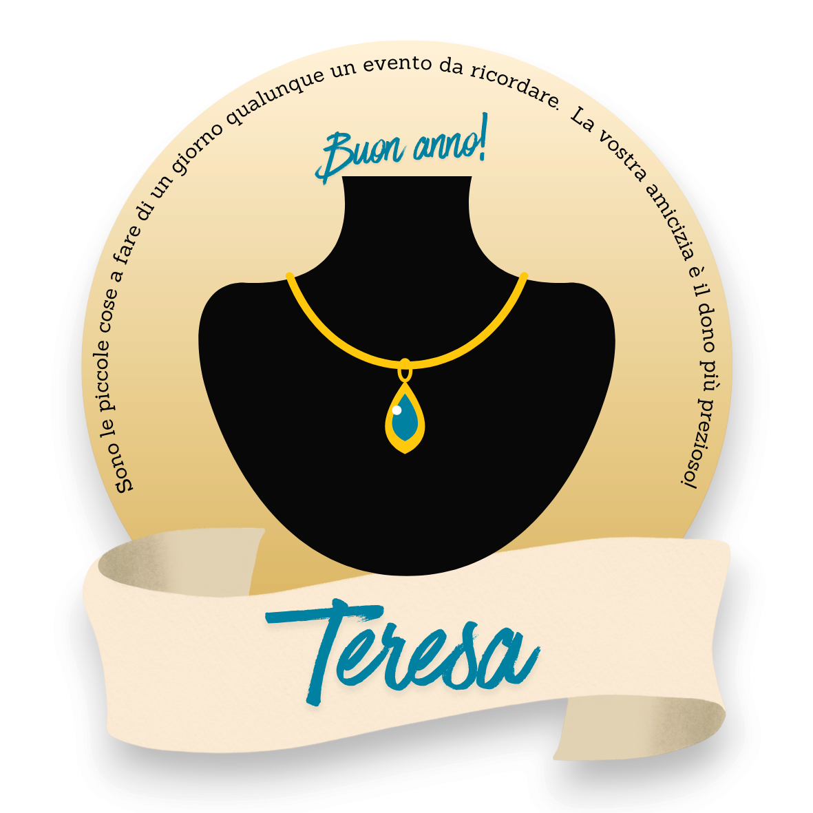 Segnaposto personalizzato FotoGrafica rotondo con grafica a forma di collana e nome Teresa su nastro decorativo