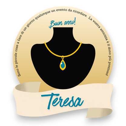 Segnaposto personalizzato FotoGrafica rotondo con grafica a forma di collana e nome Teresa su nastro decorativo