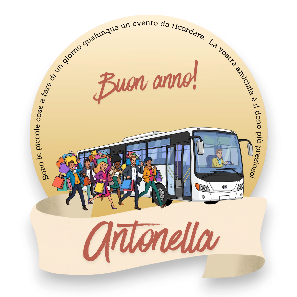 Segnaposto personalizzato FotoGrafica con illustrazione di amici che corrono verso un autobus con borse della spesa