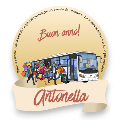 Segnaposto personalizzato FotoGrafica con illustrazione di amici che corrono verso un autobus con borse della spesa