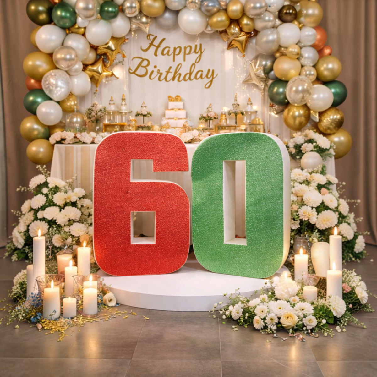 Scritta personalizzata FotoGrafica numero 60 glitterato rosso e verde per decorazione compleanno con palloncini