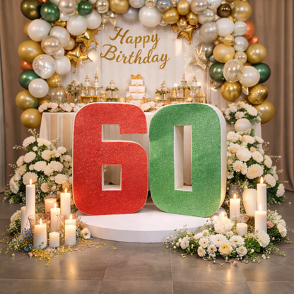 Scritta personalizzata FotoGrafica numero 60 glitterato rosso e verde per decorazione compleanno con palloncini