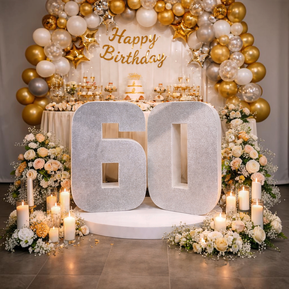 Scritta personalizzata FotoGrafica numero 60 glitter argento per allestimento compleanno con fiori e candele