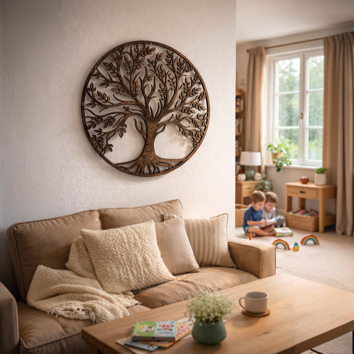 Decorazione da parete FotoGrafica a forma di albero della vita in legno scuro intagliato sopra un divano beige