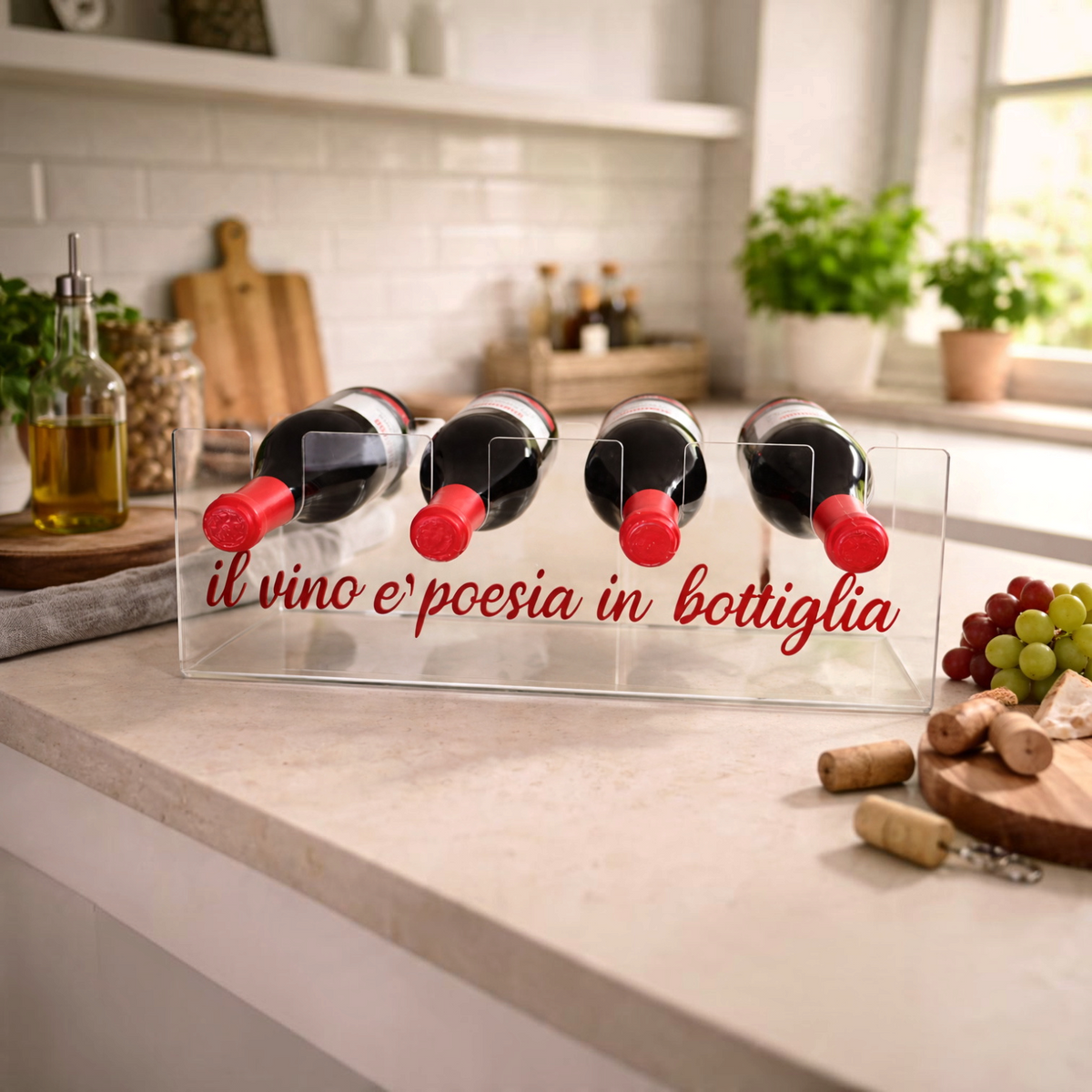 Portabottiglie FotoGrafica in plexiglass trasparente con scritta rossa personalizzata per quattro bottiglie di vino