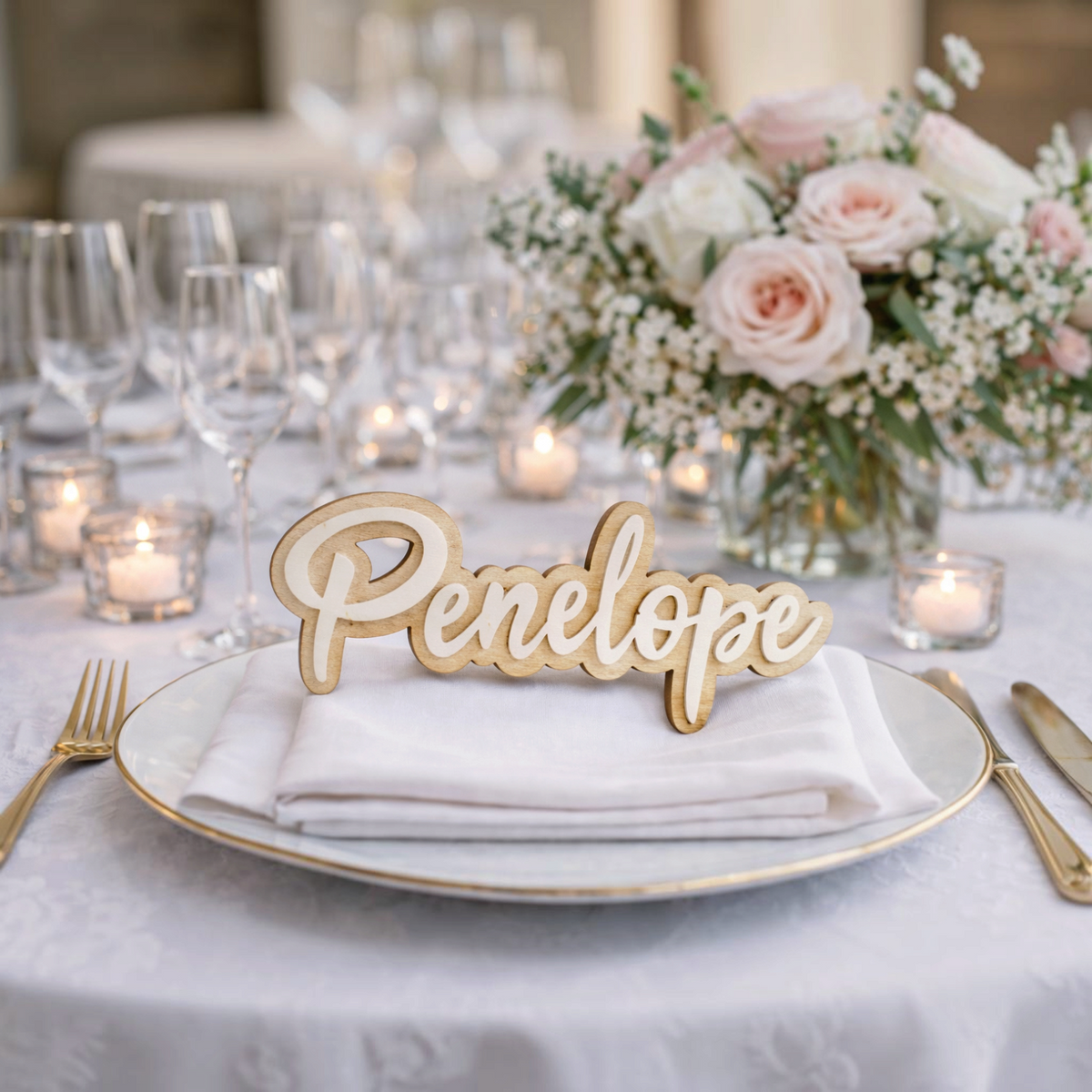 Segnaposto personalizzato in legno FotoGrafica con nome intagliato su tovagliolo bianco per allestimento matrimonio