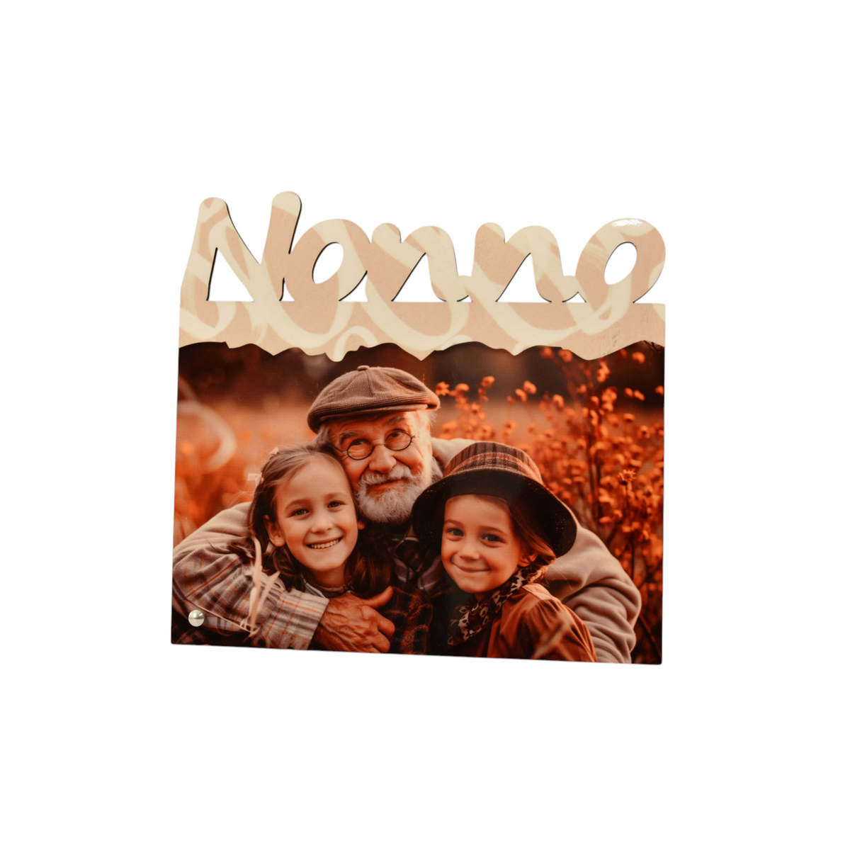 Pannello fotografico personalizzato FotoGrafica con scritta Nonno e foto di un nonno che abbraccia le due nipoti