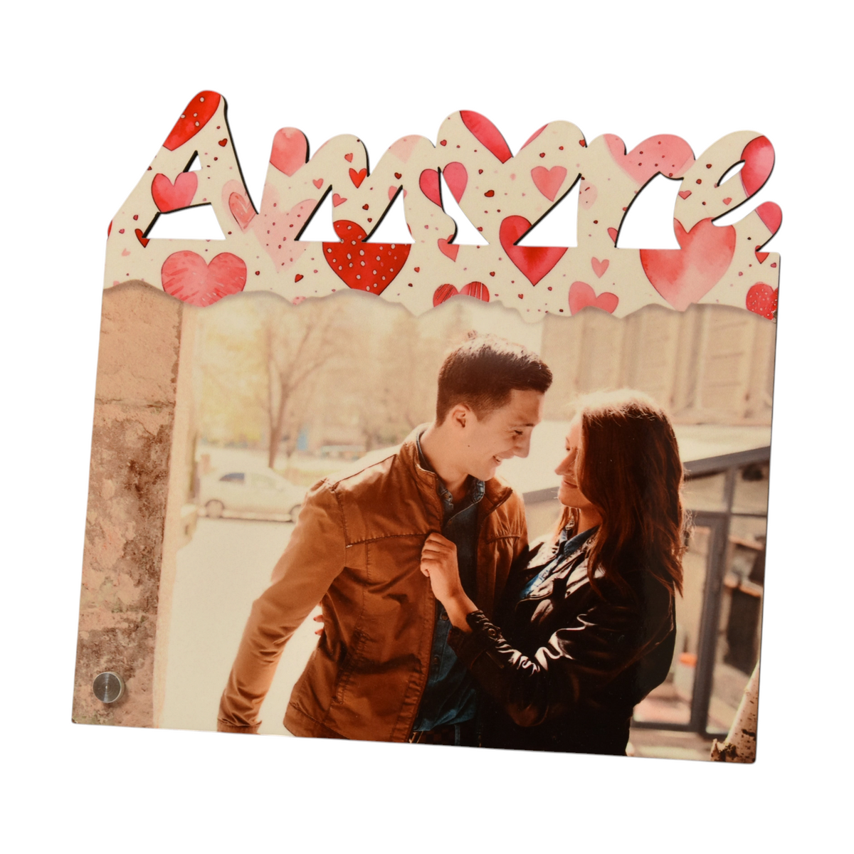 Pannello decorativo FotoGrafica personalizzato con scritta Amore e cuori rossi, ideale come regalo romantico per coppie