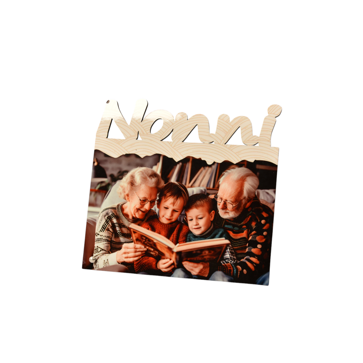 Pannello fotografico personalizzato FotoGrafica in legno con scritta Nonni e foto di nonni che leggono con i nipoti