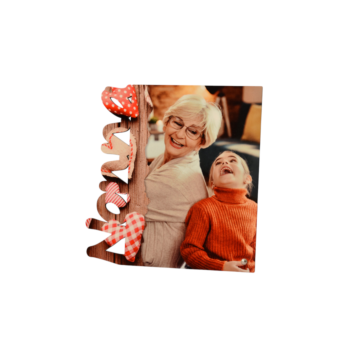 Pannello fotografico personalizzato FotoGrafica con scritta Nonni e cuori rossi, regalo emozionale per la famiglia.