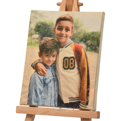 Mini tela fotografica personalizzata FotoGrafica con stampa di due bambini su cavalletto in legno da tavolo