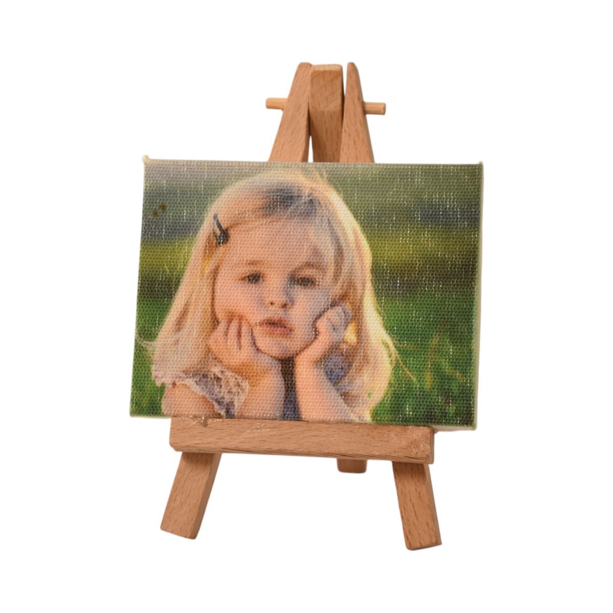 Mini tela fotografica personalizzata FotoGrafica con stampa di bambina su cavalletto in legno per decorazione tavolo