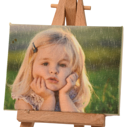 Mini tela fotografica personalizzata FotoGrafica con stampa di bambina su cavalletto in legno per decorazione tavolo