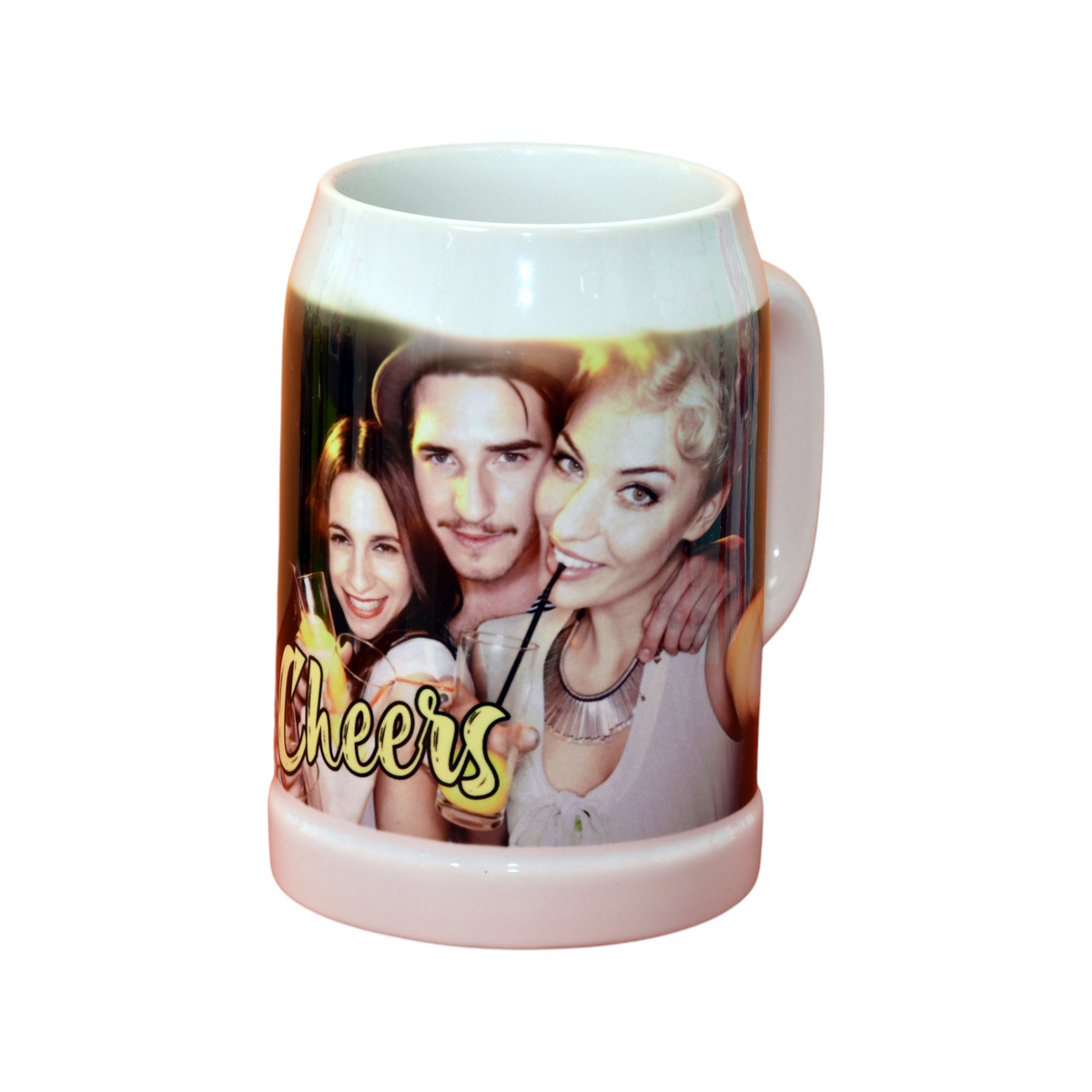Boccale da birra FotoGrafica in ceramica bianca personalizzato con una foto di gruppo e scritta Cheers
