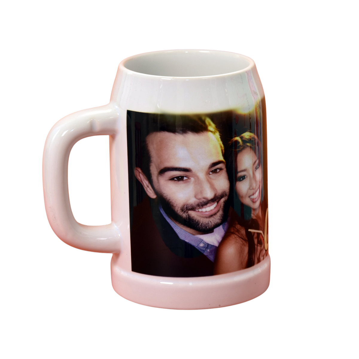 Boccale da birra FotoGrafica in ceramica bianca personalizzato con una fotografia a colori su sfondo arancione