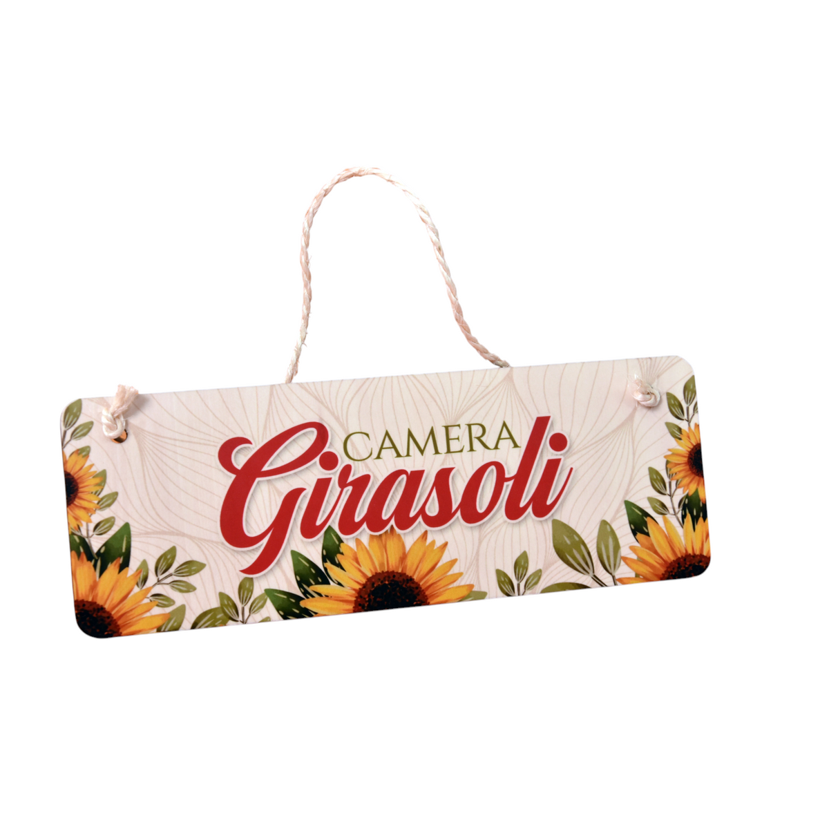 Targa d'arredo personalizzabile FotoGrafica con stampa di girasoli e scritta Camera Girasoli, dotata di cordino.