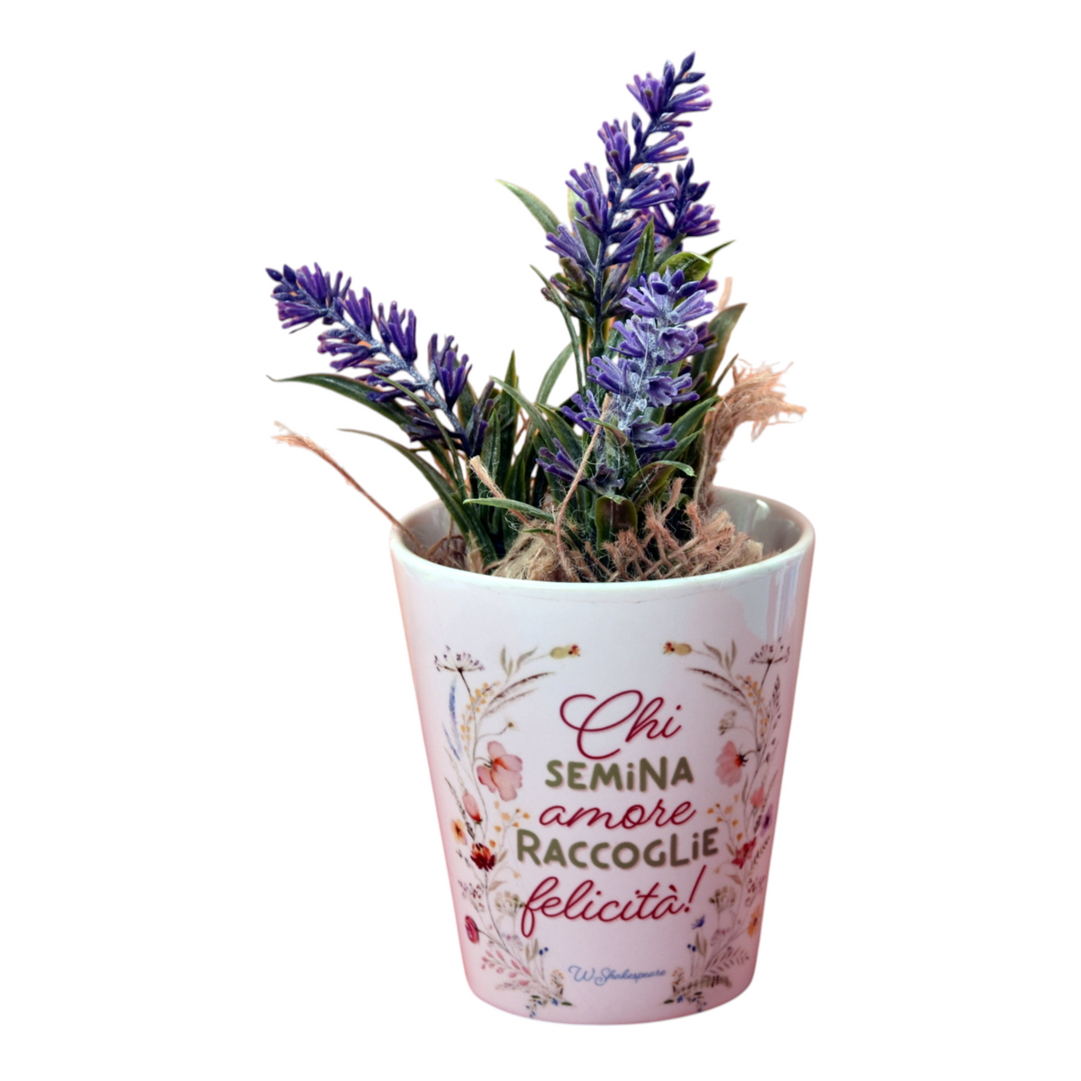 Vaso d'arredo personalizzabile FotoGrafica in ceramica bianca con scritta decorativa e fiori di lavanda artificiali