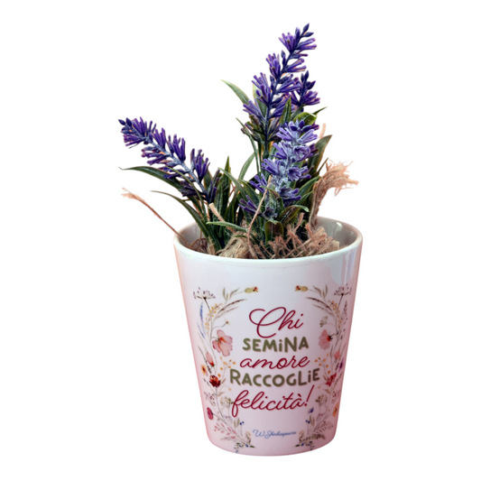 Vaso d'arredo personalizzabile FotoGrafica in ceramica bianca con scritta decorativa e fiori di lavanda artificiali
