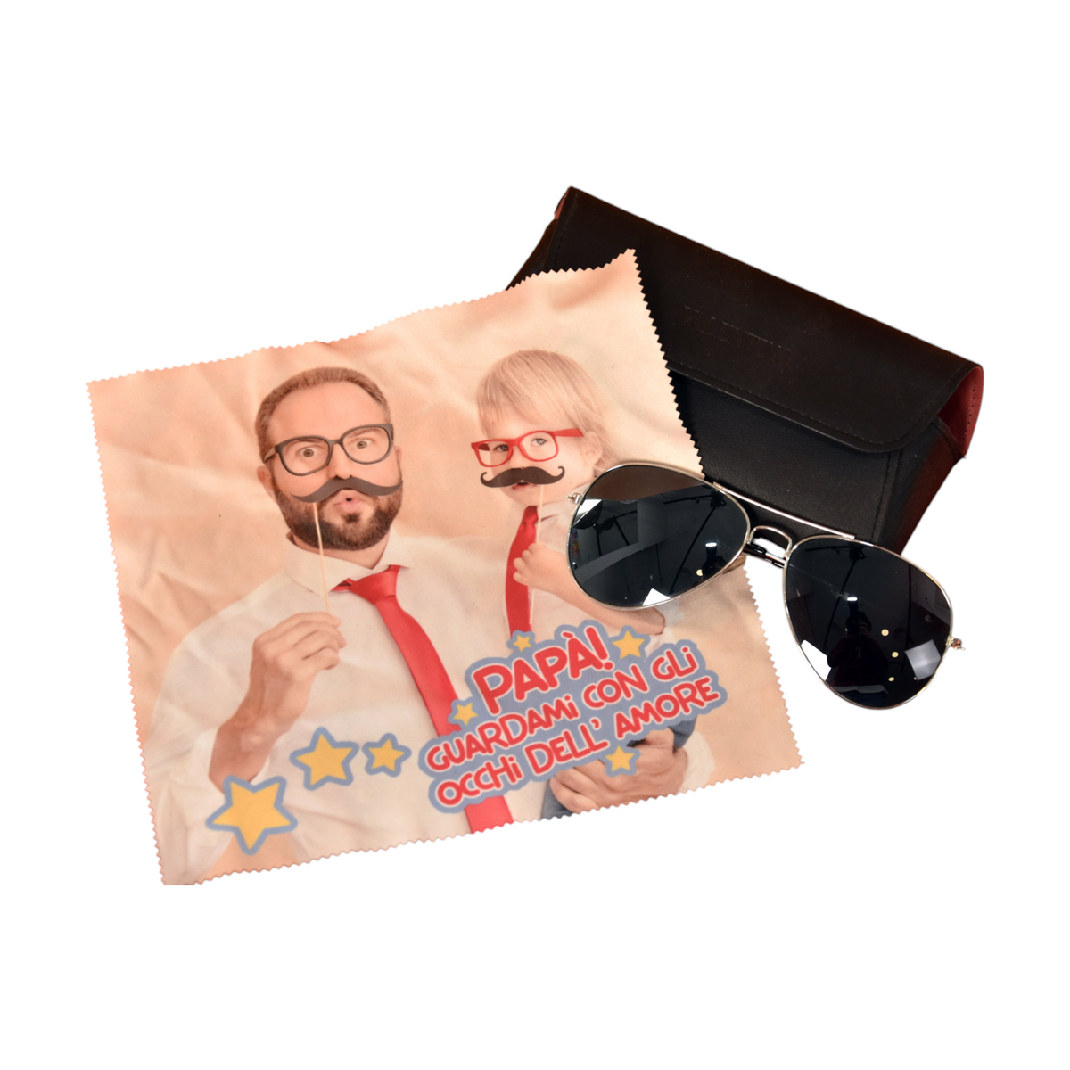 Panno pulisci occhiali personalizzato FotoGrafica con foto di papà e figlio, ideale per lenti e schermi.