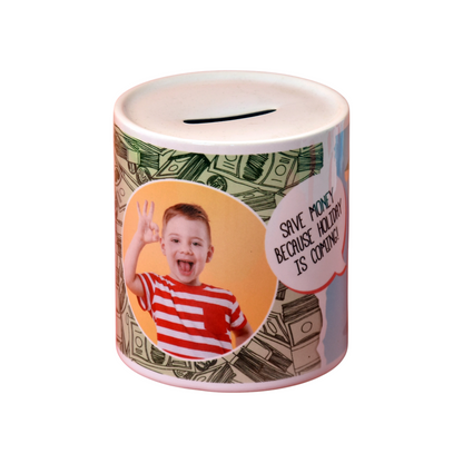 Salvadanaio in ceramica personalizzabile FotoGrafica con foto di bambino e grafica a tema risparmio