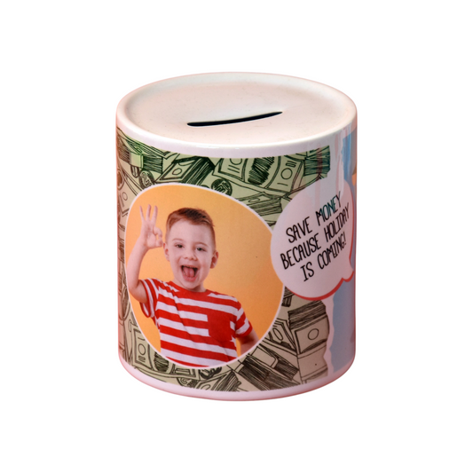 Salvadanaio in ceramica personalizzabile FotoGrafica con foto di bambino e grafica a tema risparmio