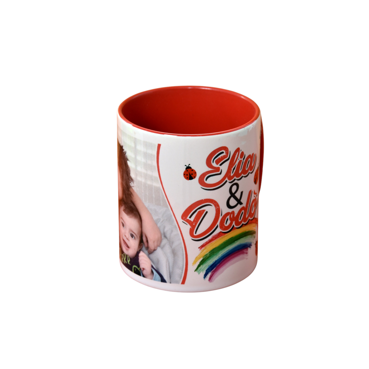 Tazza da colazione FotoGrafica personalizzata con foto di bambini, interno rosso e grafica con arcobaleno e nomi