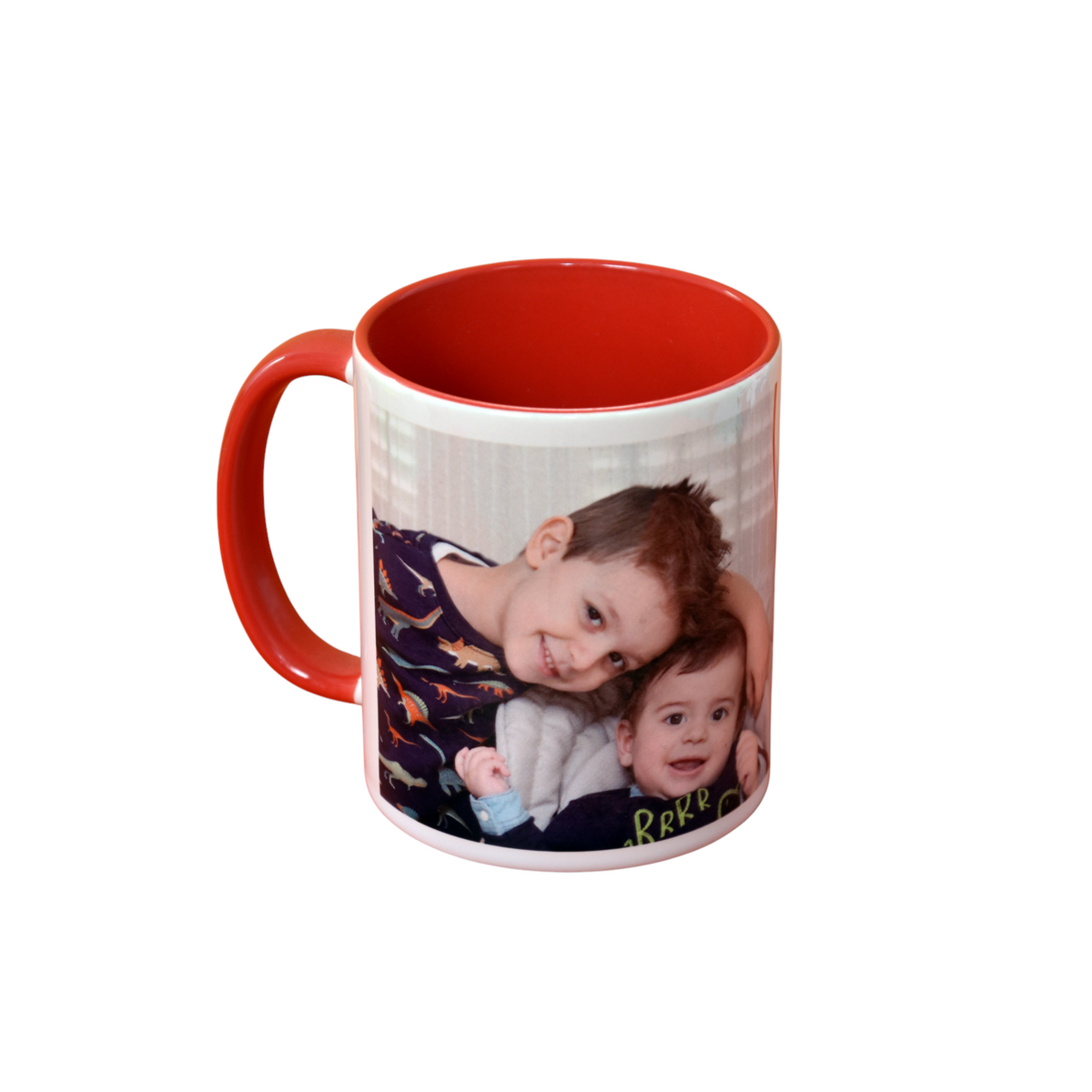Tazza da colazione FotoGrafica personalizzata con foto di due bambini, interno e manico rosso su sfondo arancione