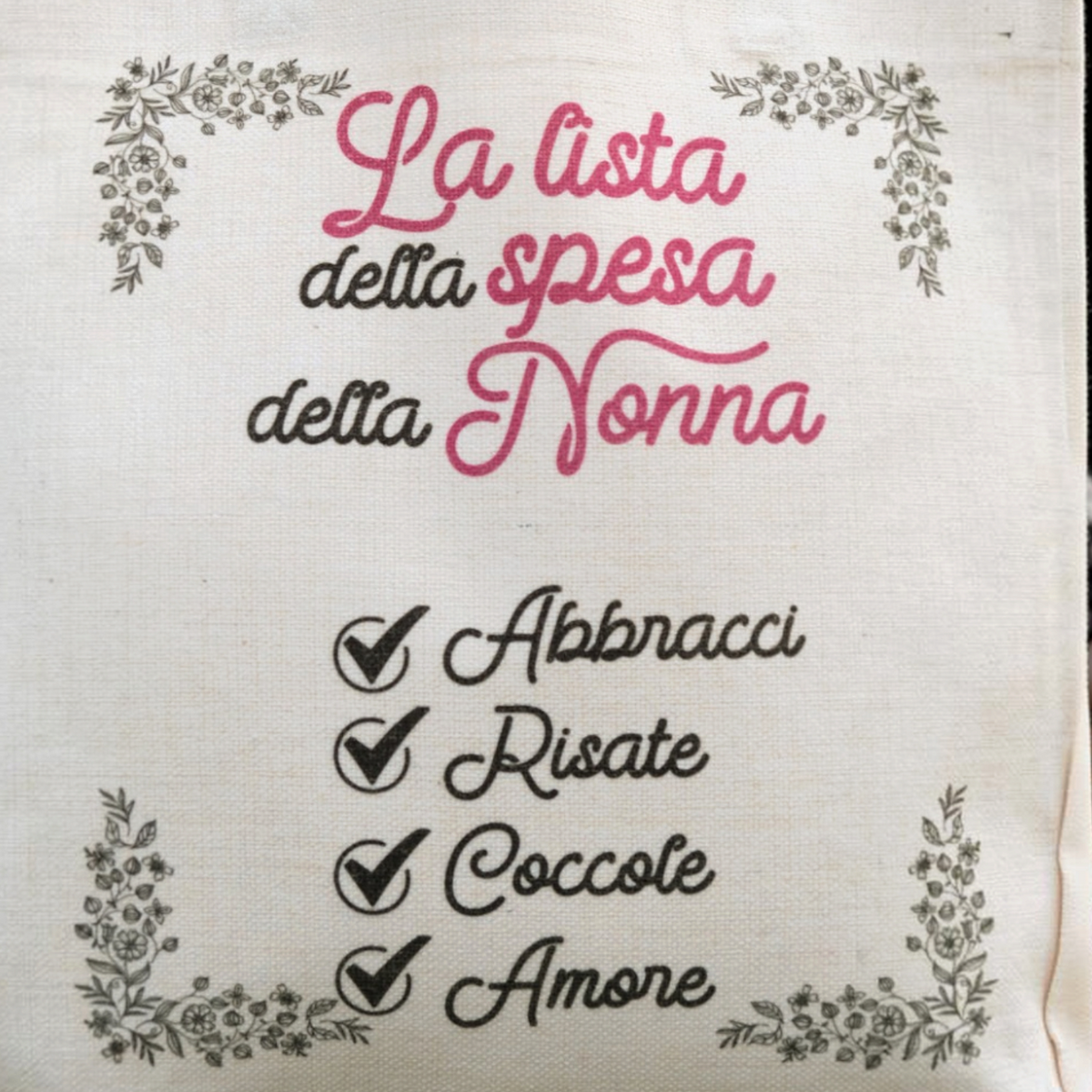 Shopper personalizzabile FotoGrafica in tela color crema con stampa grafica dedicata alla lista della spesa della nonna