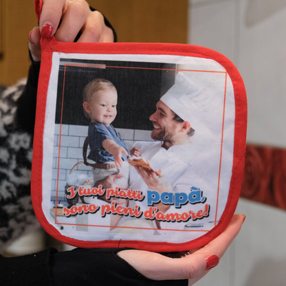 Presina da cucina FotoGrafica personalizzata con foto di papà e bambino e scritta dedicata su bordo rosso