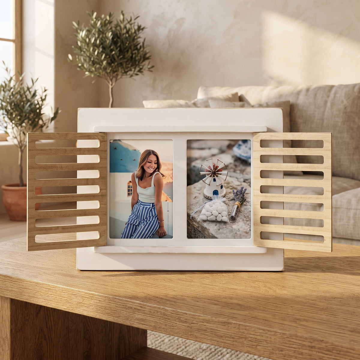 Cornice Portafoto da Tavolo Bianca con Persiane in Legno - Portafoto per Due Foto 10x15