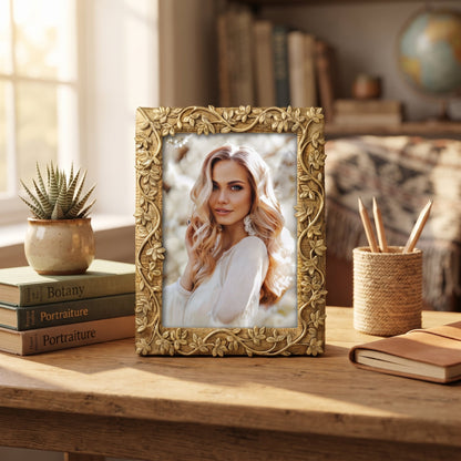Cornice Portafoto da Tavolo Oro con Rilievo di Foglie e Rami - Portafoto Elegante