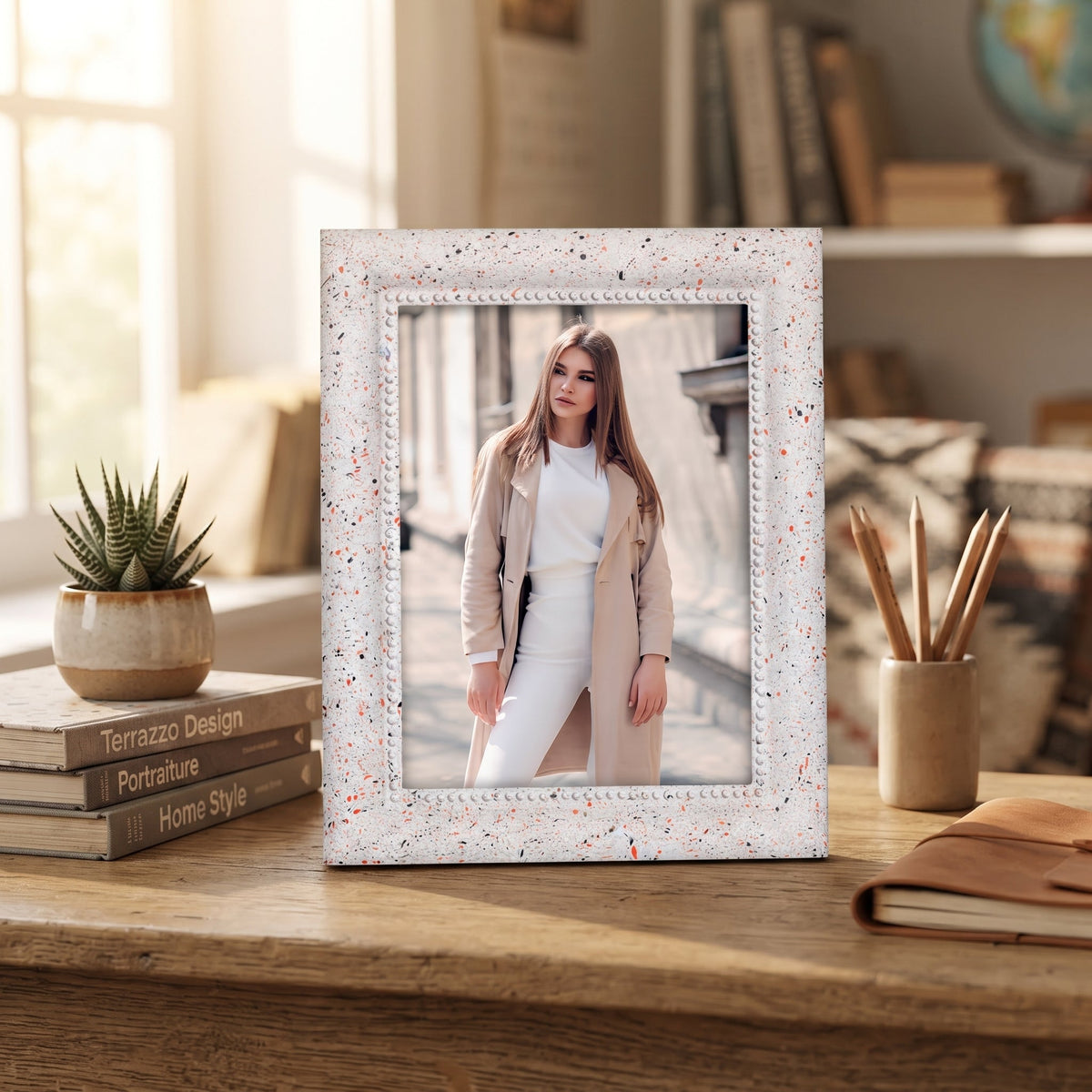Cornice Portafoto da Tavolo Effetto Terrazzo - Portafoto Moderno Bianco o Marrone
