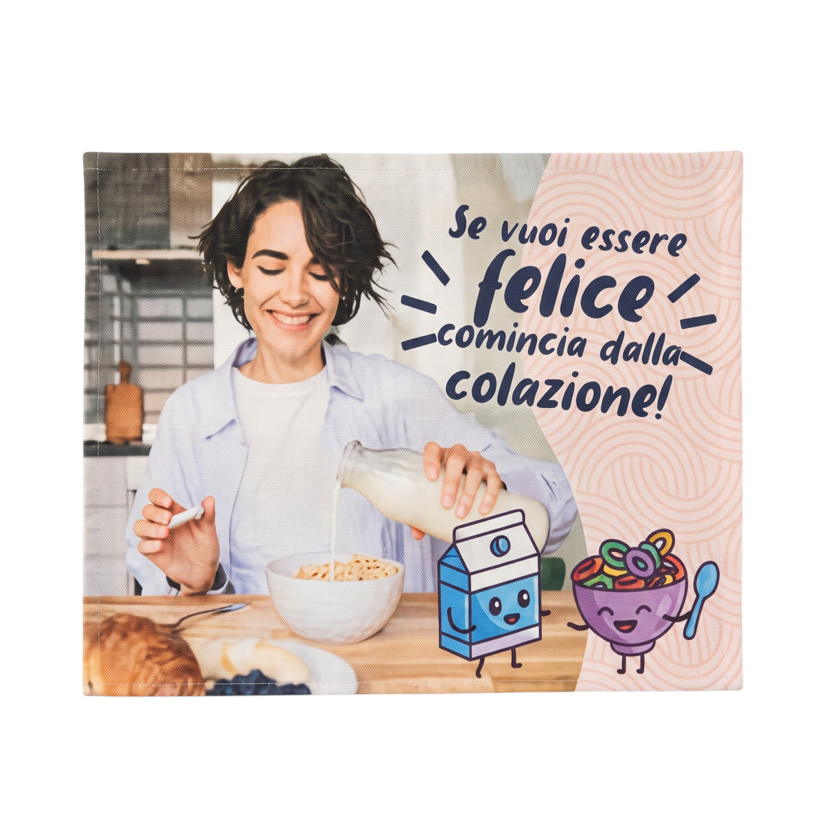Tovaglietta in cotone personalizzata FotoGrafica con foto di donna che fa colazione e scritta motivazionale