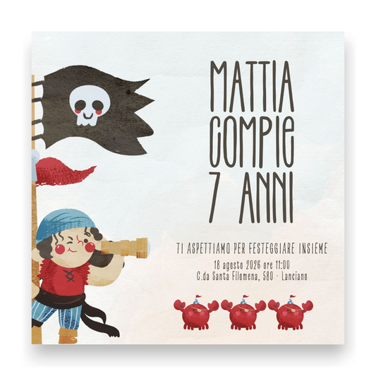 Invito quadrato personalizzato FotoGrafica per compleanno a tema pirata con bambino e granchi su carta di qualità