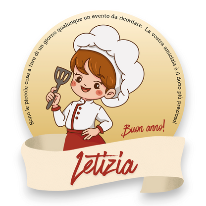 Segnaposto personalizzato FotoGrafica rotondo con illustrazione di una piccola chef e scritta Buon anno Letizia