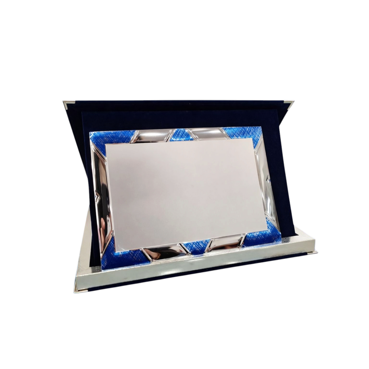 Targa premio personalizzata FotoGrafica con cornice blu e argento, elegante riconoscimento per traguardi professionali.