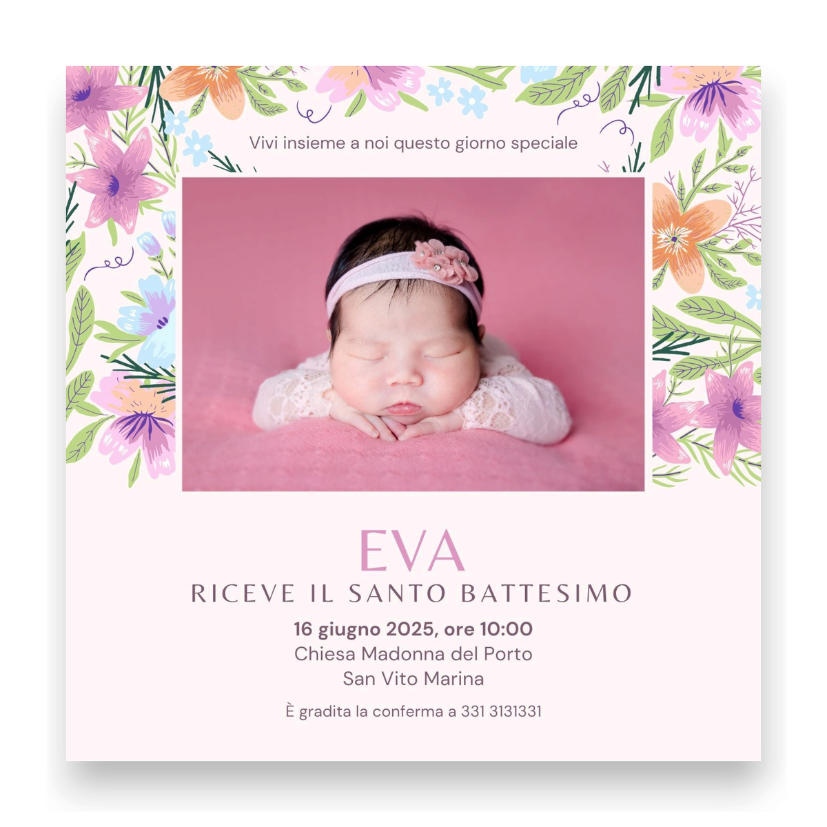 Invito quadrato personalizzato FotoGrafica per battesimo con cornice floreale colorata e foto di neonata