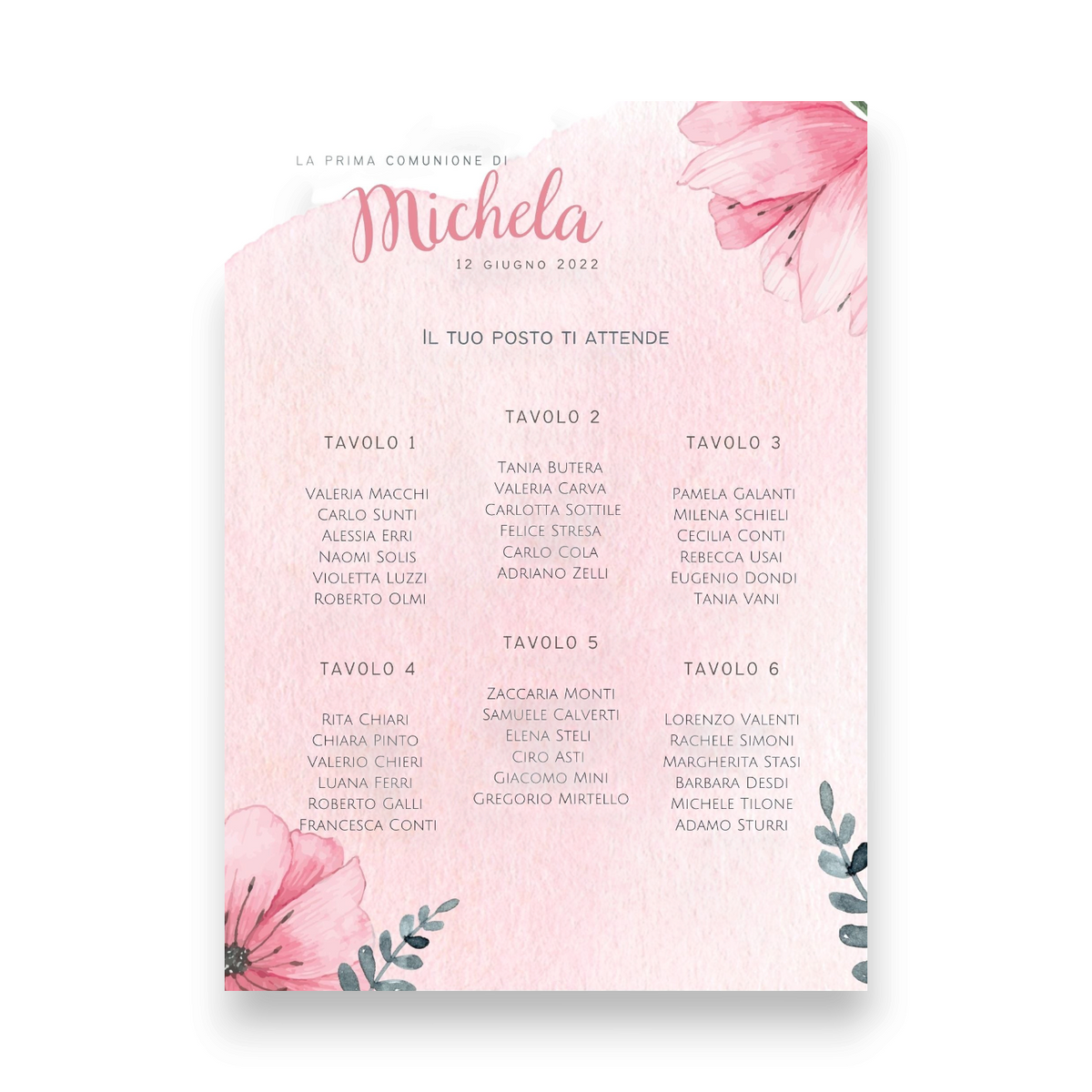 Tableau de mariage personalizzato FotoGrafica con fiori rosa acquerello per ricevimento di Prima Comunione