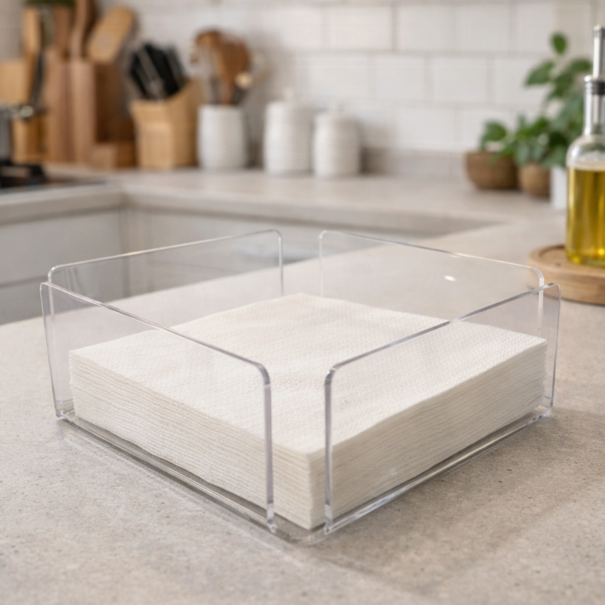 Porta tovaglioli FotoGrafica in acrilico trasparente dal design moderno ed elegante posizionato su un piano cucina