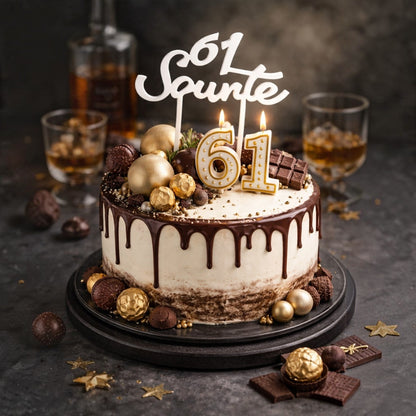 Cake topper personalizzato FotoGrafica bianco su torta di compleanno al cioccolato con candeline numero 61 dorate
