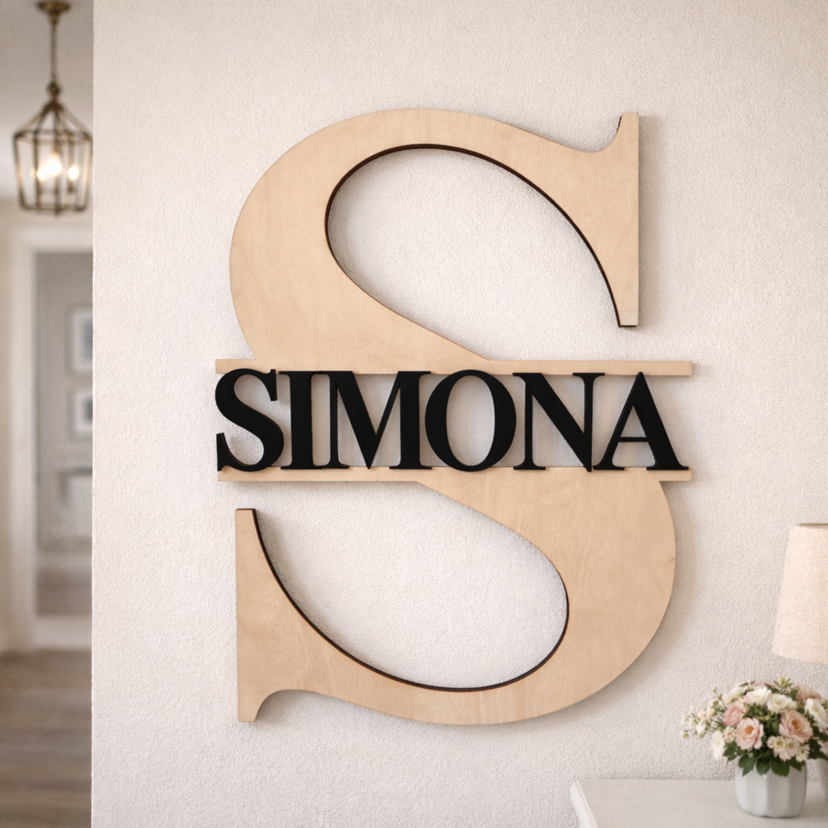 Scritta nome personalizzata FotoGrafica in legno chiaro e nero, decorazione da parete elegante per interni casa